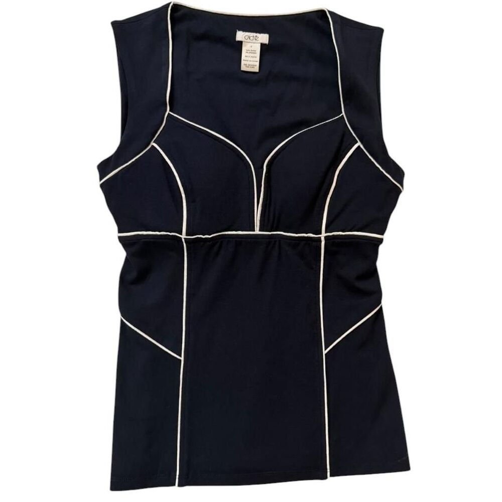 Vintage Cache navy blue sleeveless top with white piping